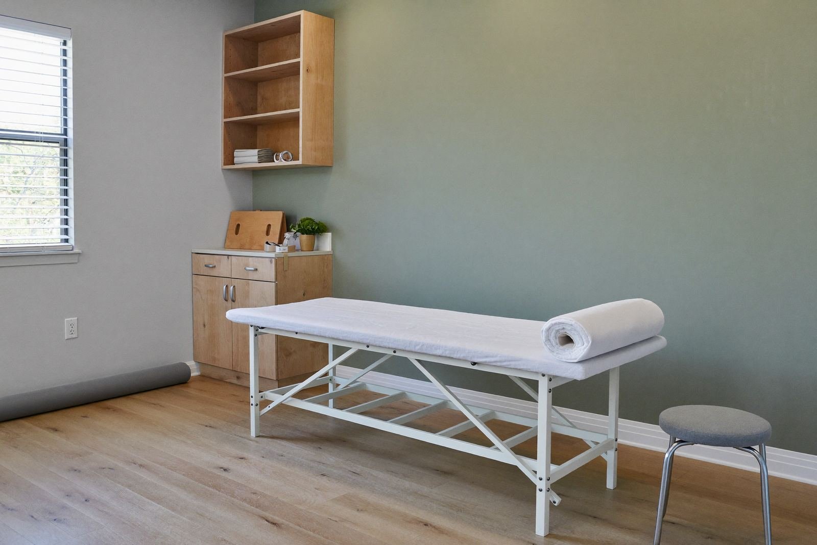 A treatment room with a plinth, a stool and a window