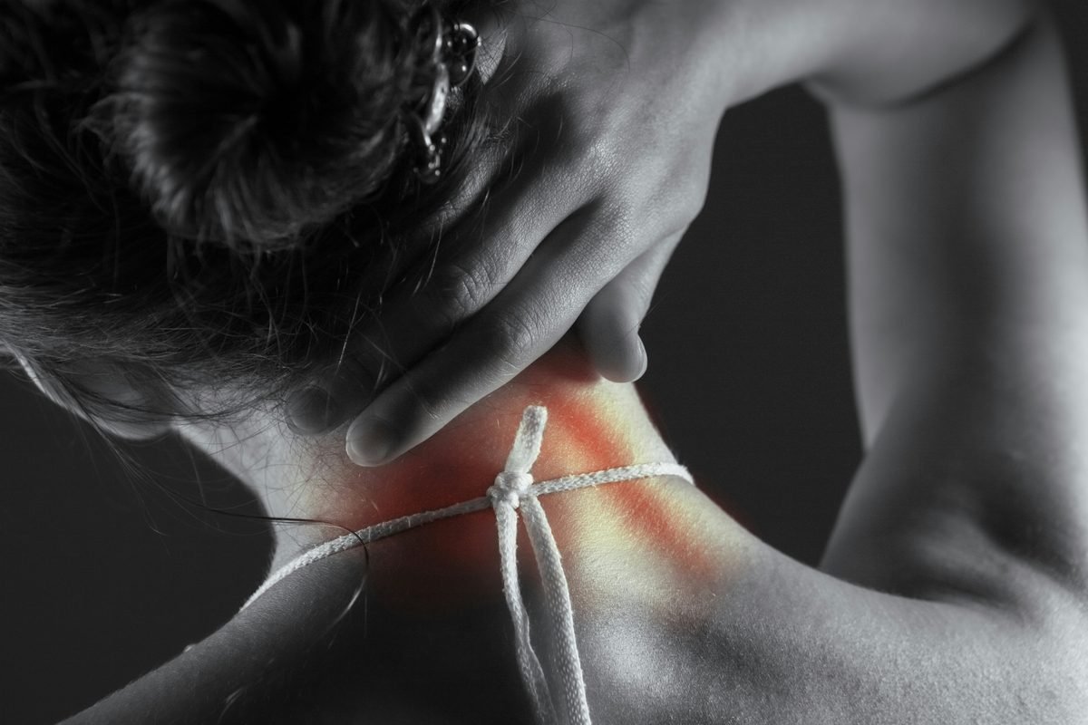 Neck with the area of pain highlighted after a collision